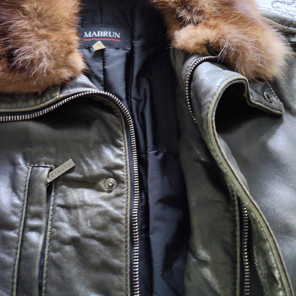 Mabrun Cappotto in Pelle Morbida Uomo Marrone Con Vera Pelliccia di Visone