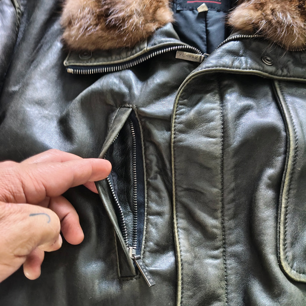 Mabrun Cappotto in Pelle Morbida Uomo Marrone Con Vera Pelliccia di Visone