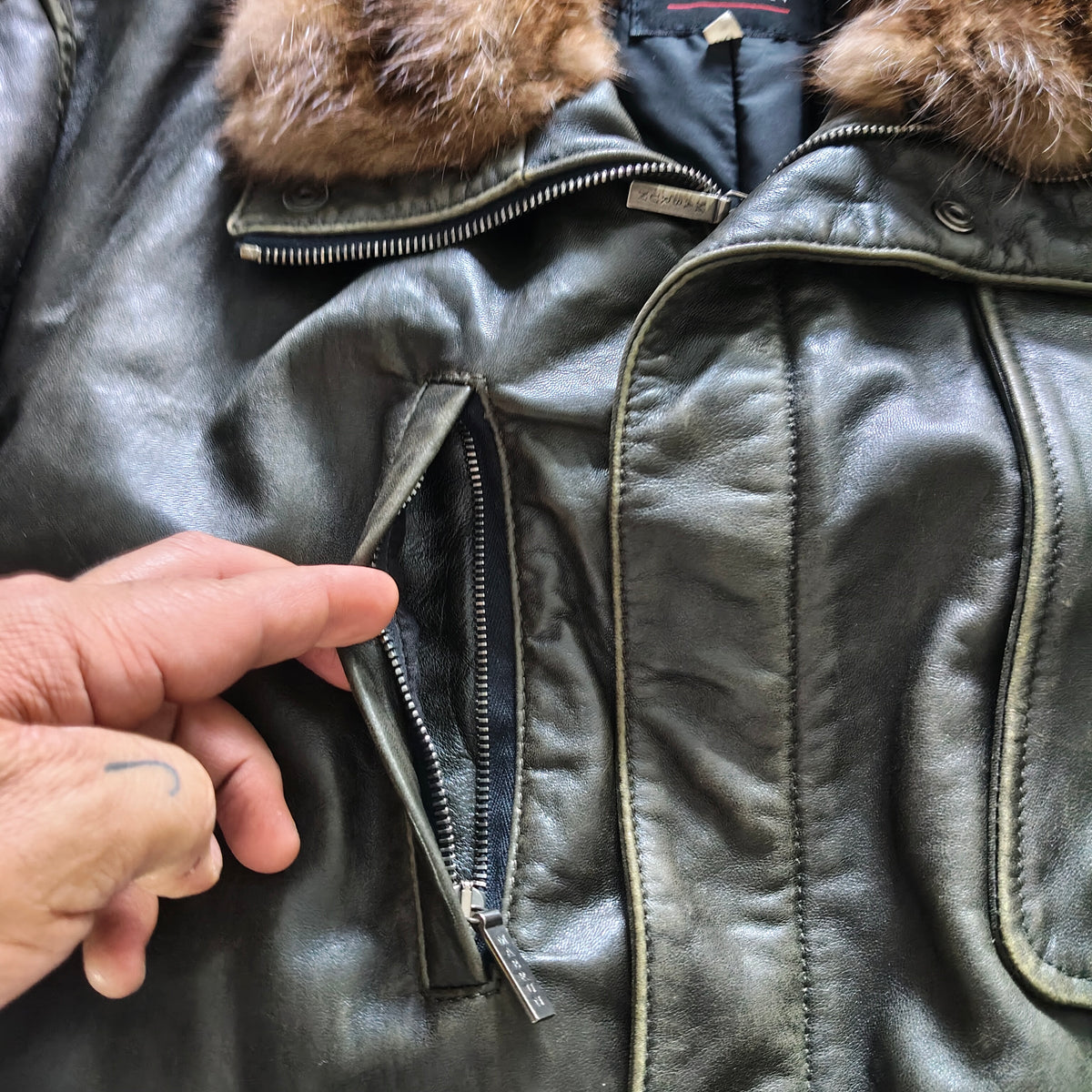 Mabrun Cappotto in Pelle Morbida Uomo Marrone Con Vera Pelliccia di Visone