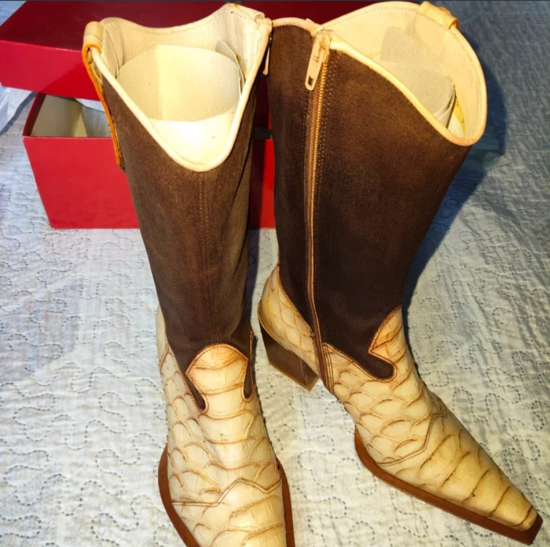 Enzo Moreno Stivali Donna in Pelle Pitone e Jeans NUOVI ! Misura 38
