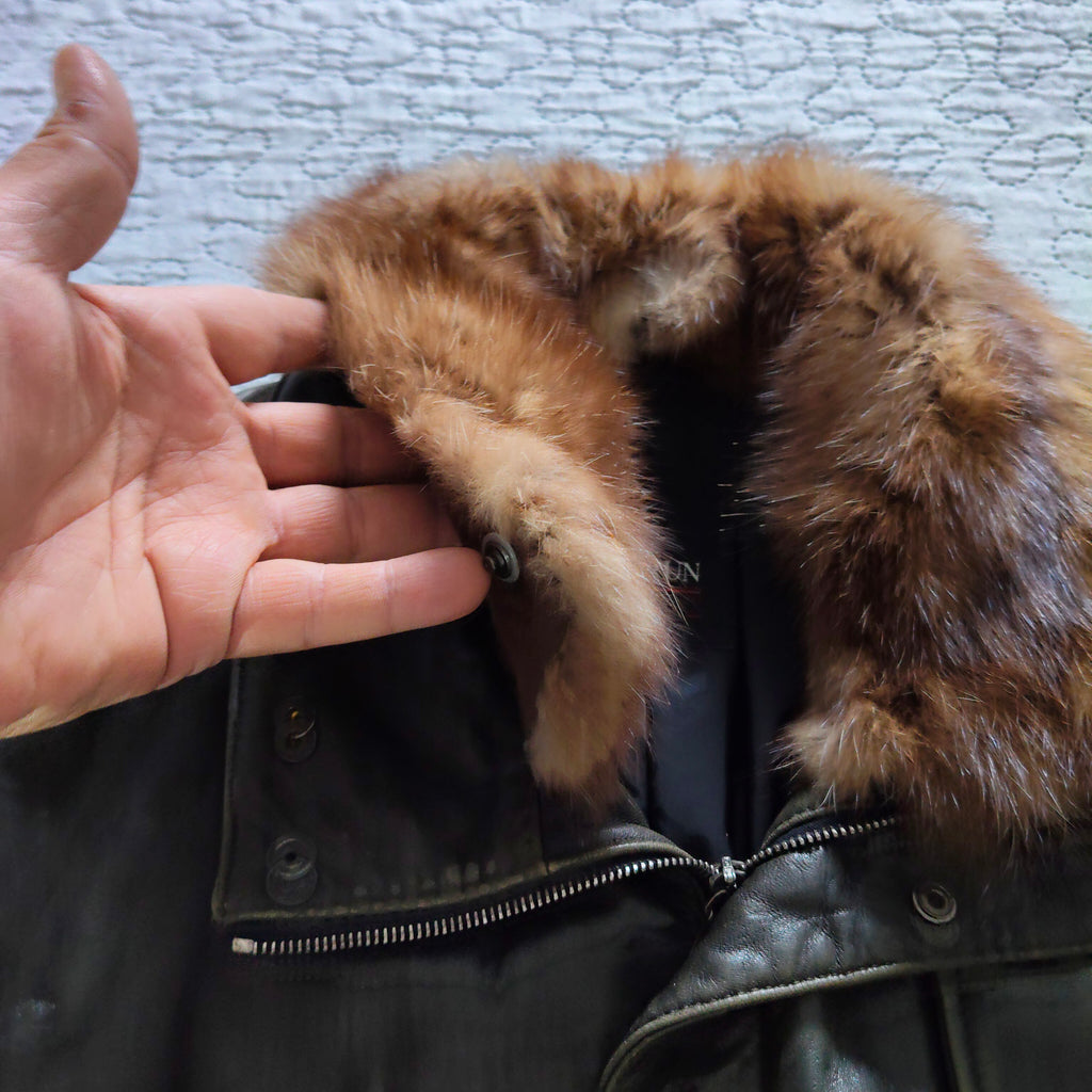 Mabrun Cappotto in Pelle Morbida Uomo Marrone Con Vera Pelliccia di Visone