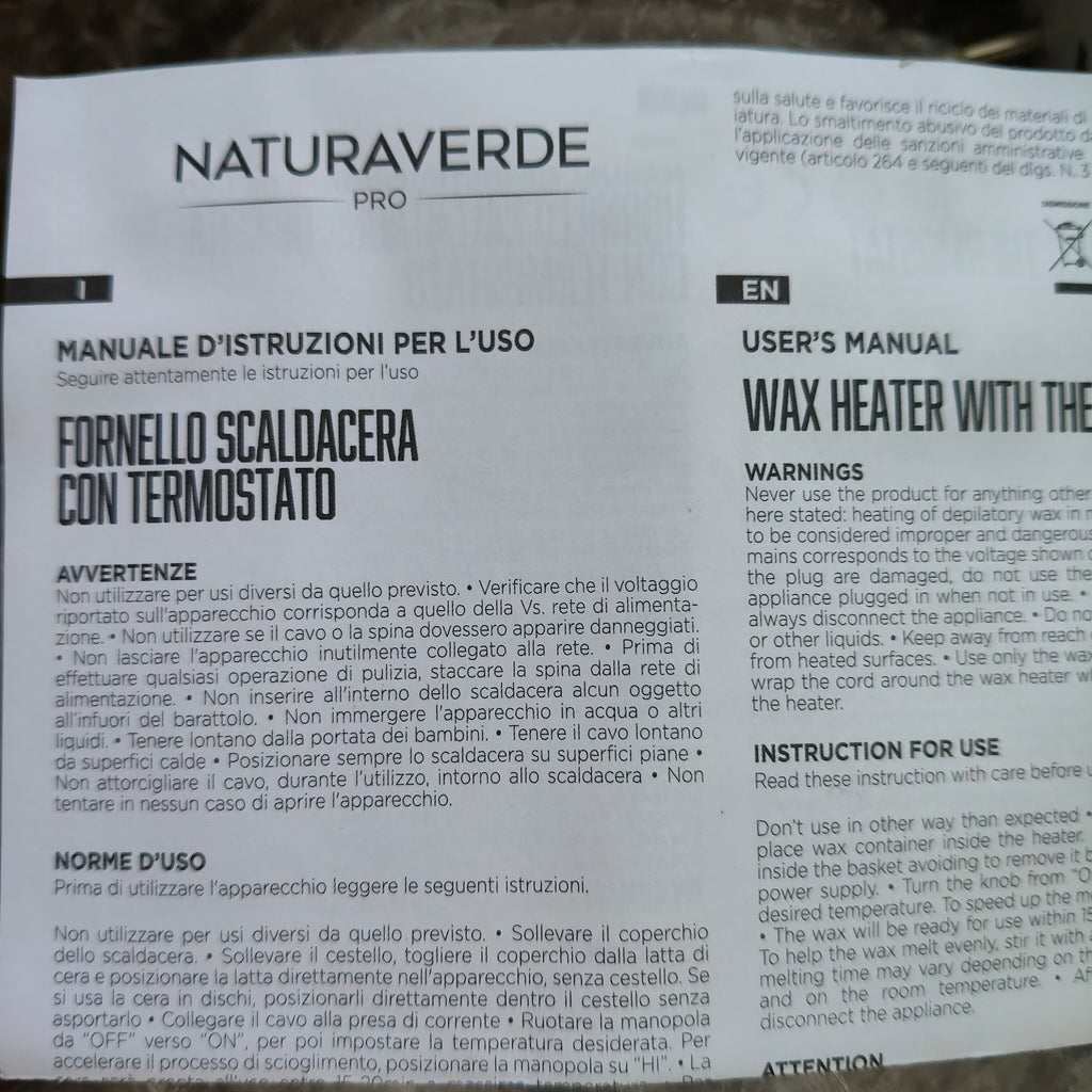 Fornello Scaldacera Wax Heater Naturaverde + Spatole Stendicera