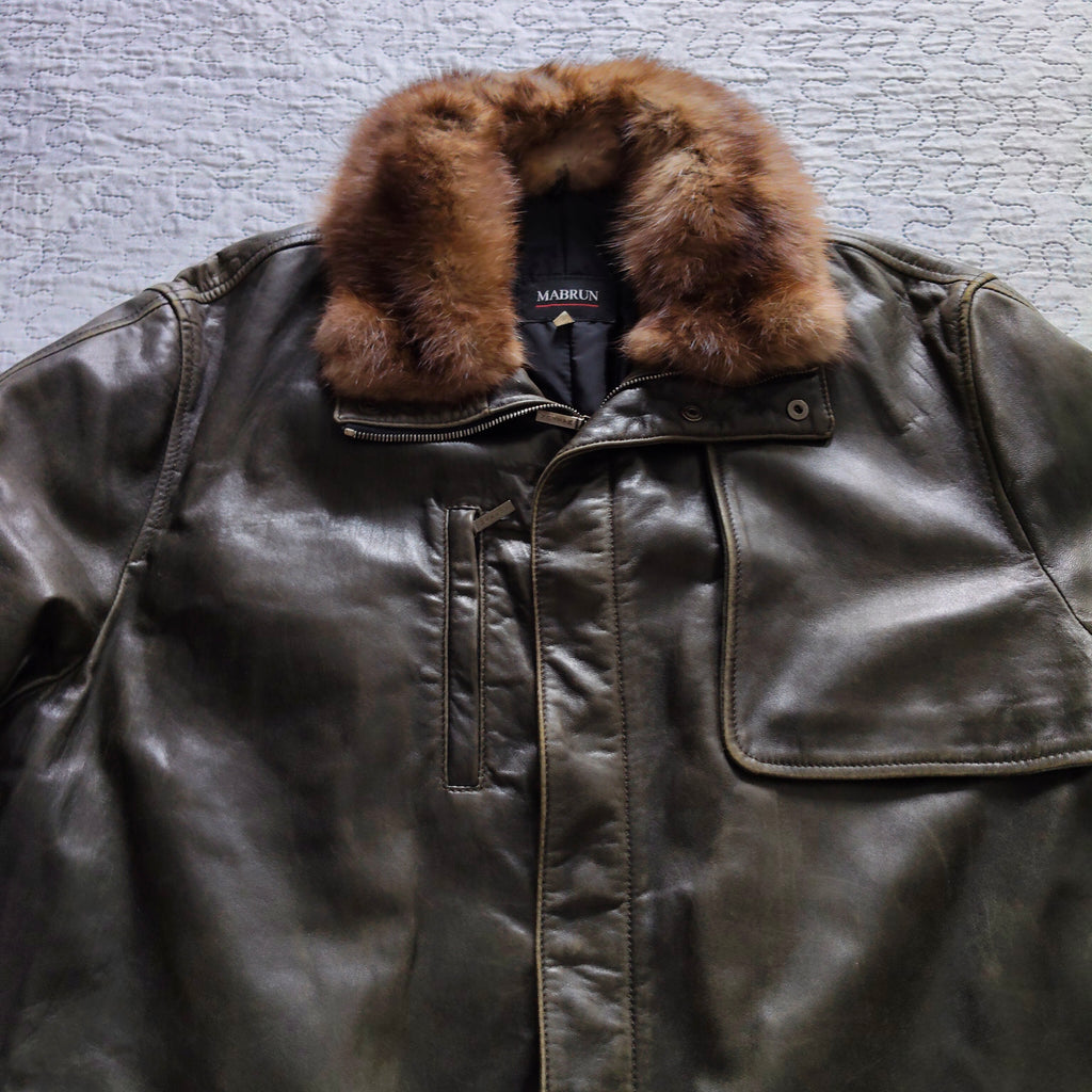 Mabrun Cappotto in Pelle Morbida Uomo Marrone Con Vera Pelliccia di Visone